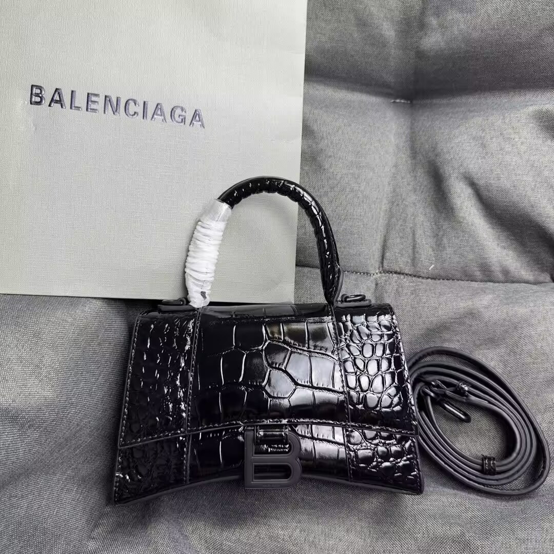 Ba*len*cia*ga women's hourglass mini handbag crocodile embossed in black l18.7 x h12.9 x w7.8 cm