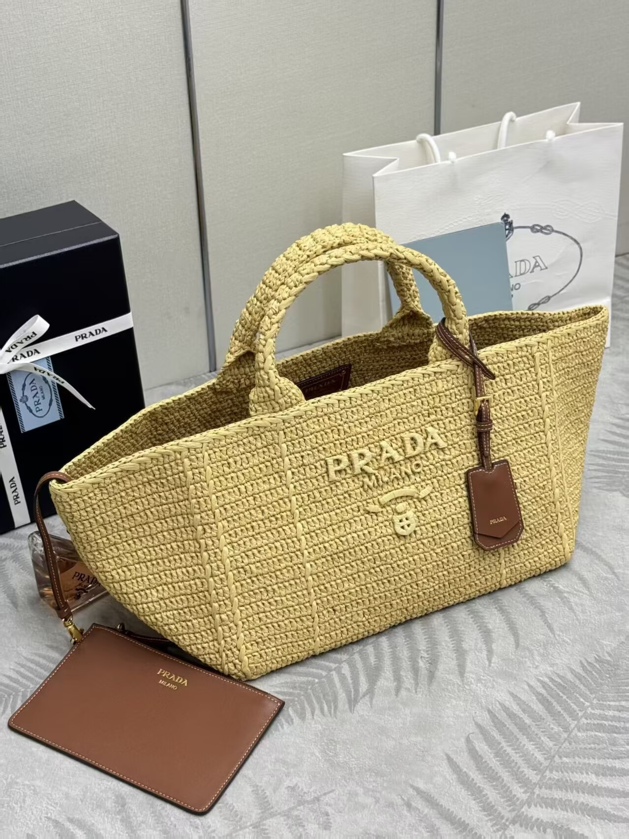 Pra*a large crochet tote bag with leather details without box 23.5x35x22cm