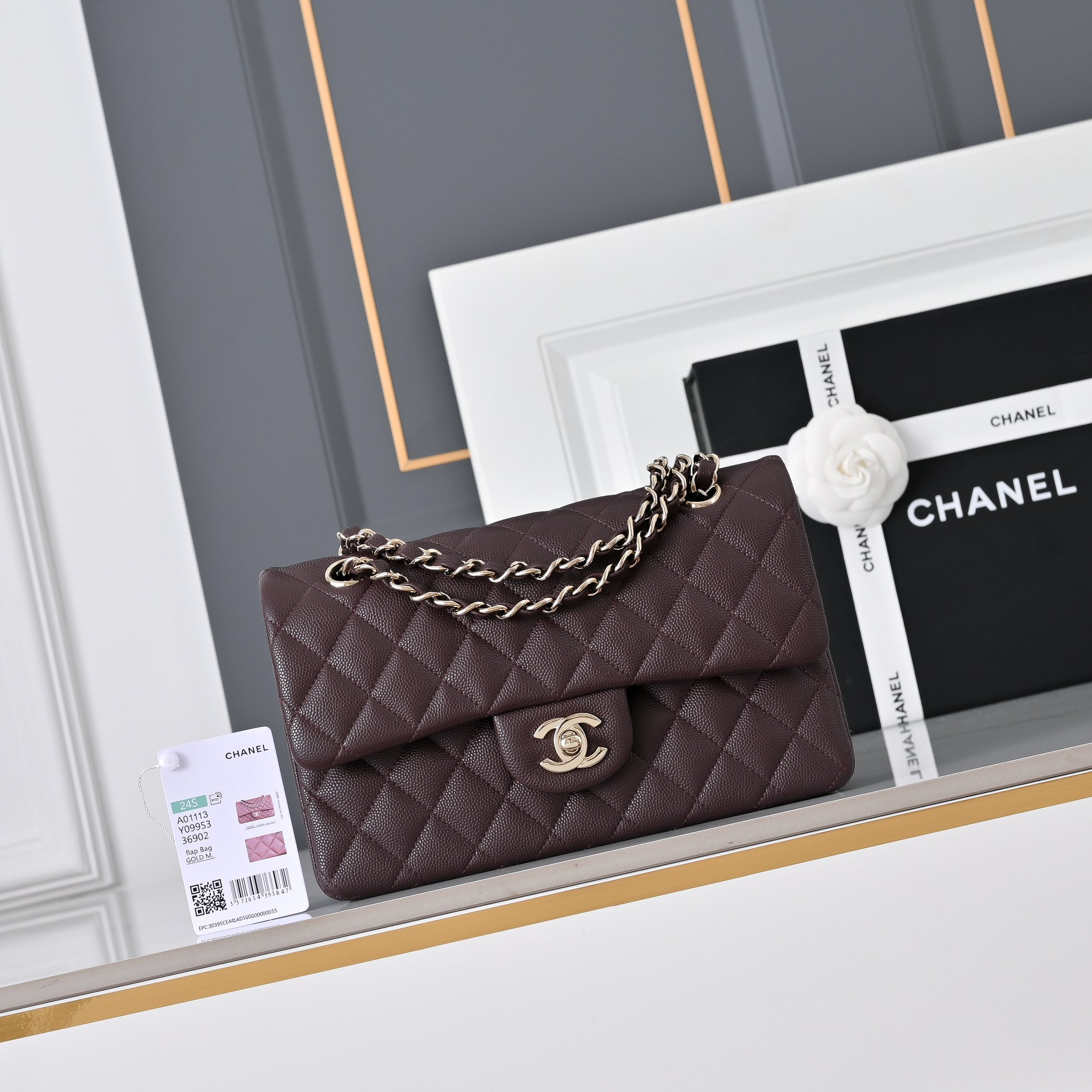 Ch*el classic flap bag coffee brown light gold hardware a01113 23x14.5x6cm