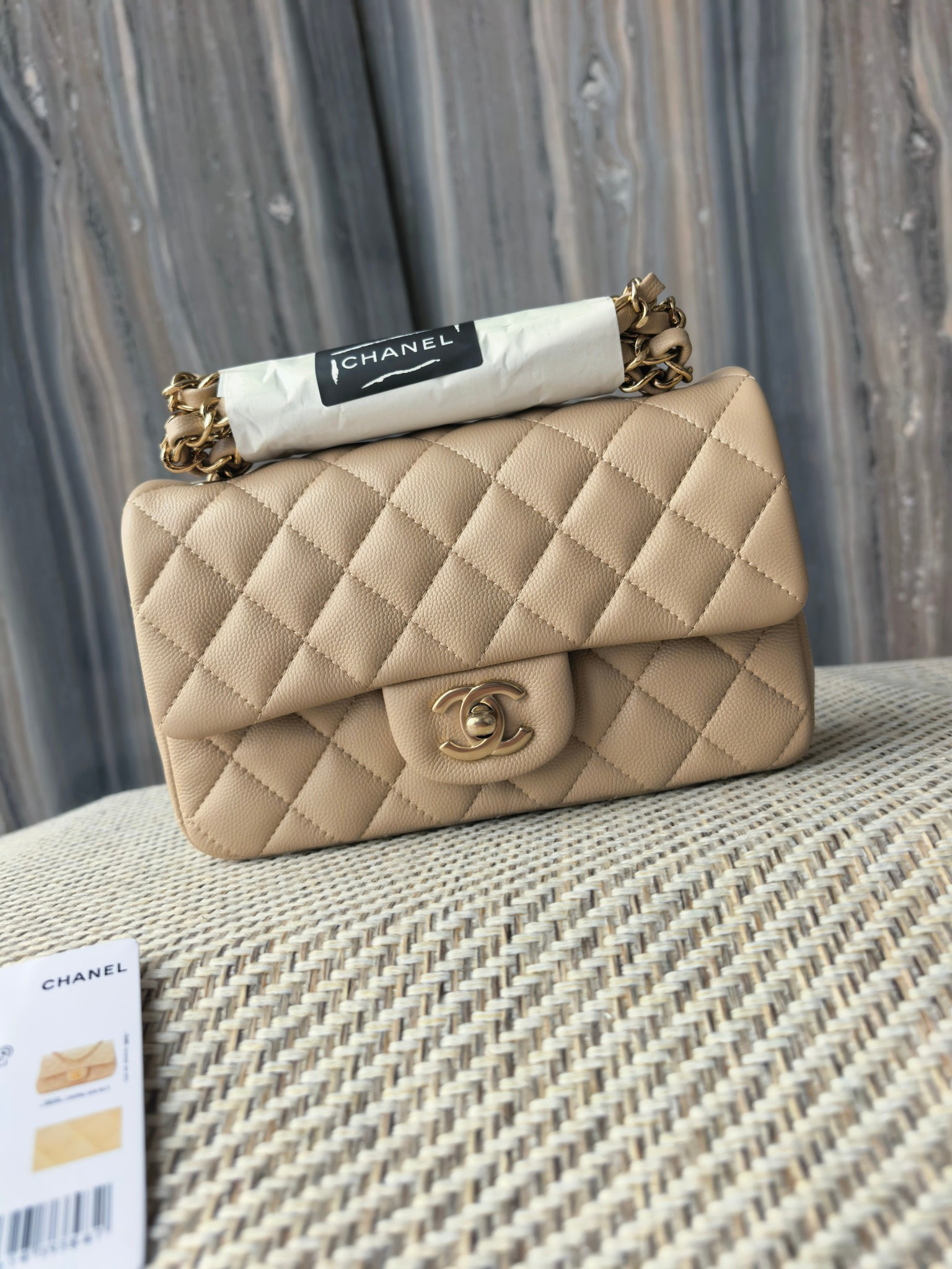 Ch*el mini flap bag milky tea color light gold hardware 20x12x6cm