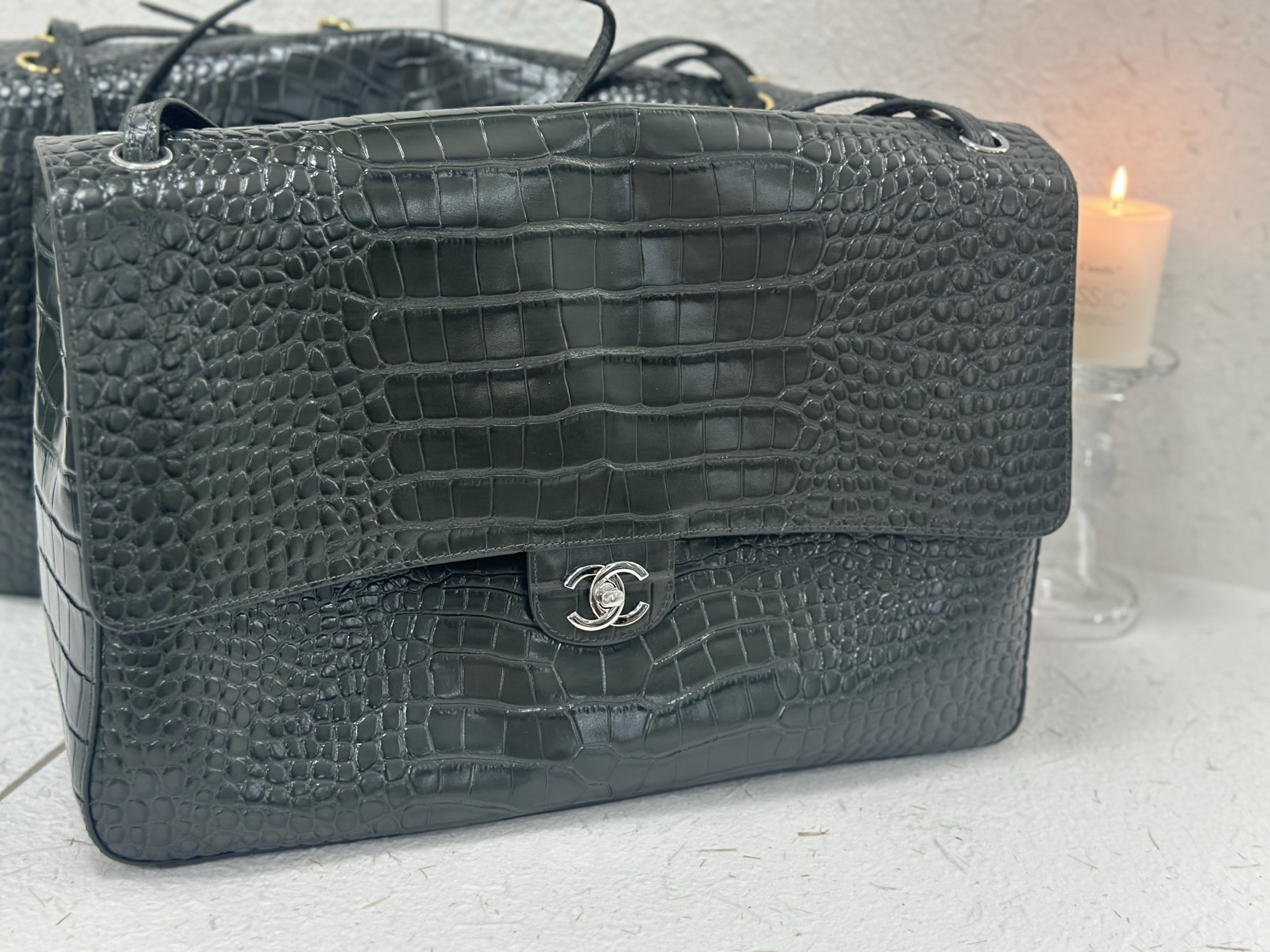 Ch*el maxi flap bag olive green silver hardware as6233 26x38.5x11cm