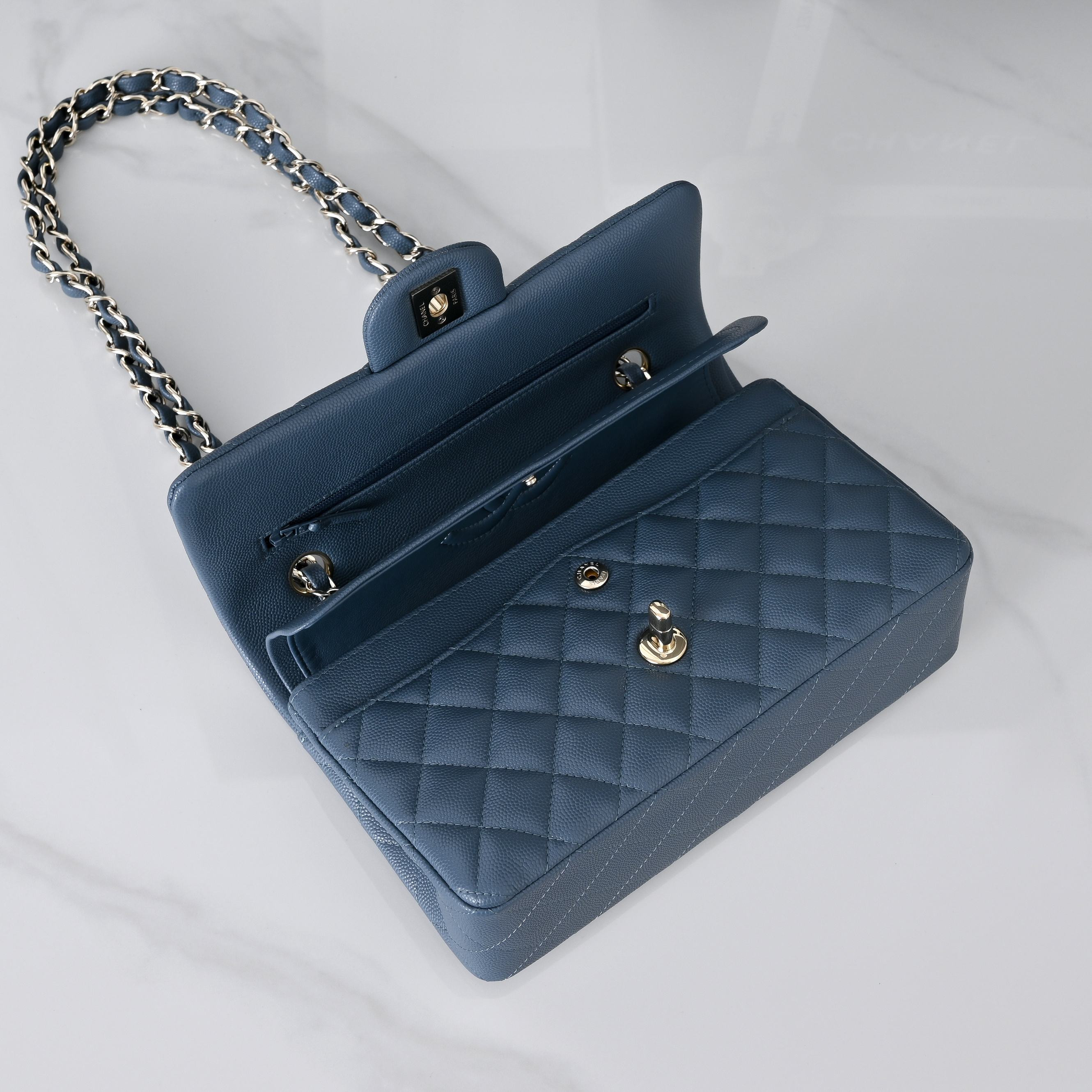 Ch*el classic flap handbag dusty blue with light gold hardware and caviar leather a01113 23x14.5x6cm