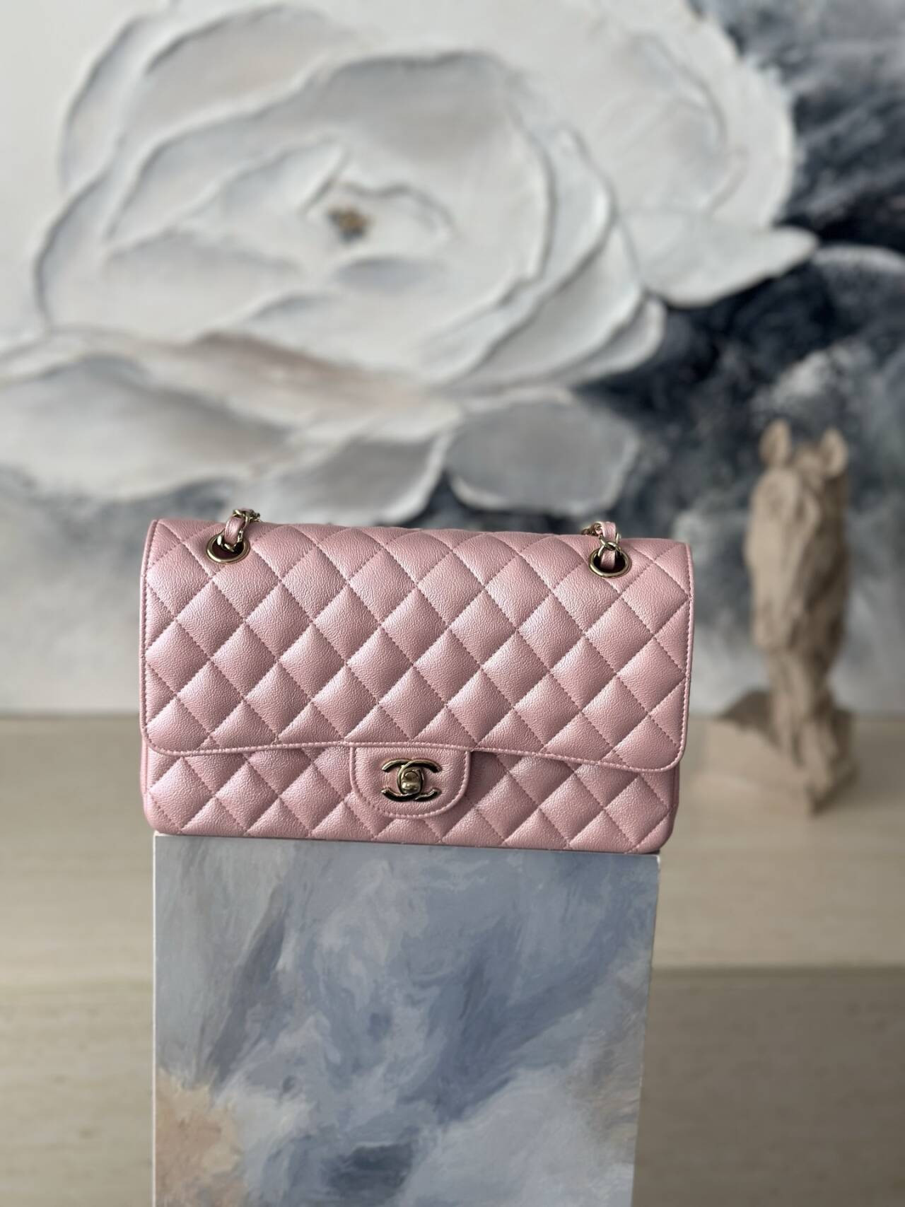 Ch*el flap bag pearlescent pink as1112 25.5x15x6cm