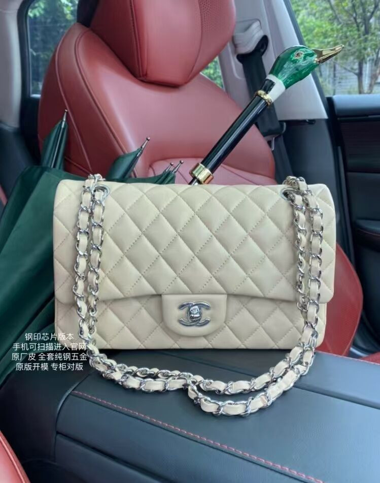 Ch*el classic flap jumbo 25cm cf khaki silver 15.5x25.5x6.5cm