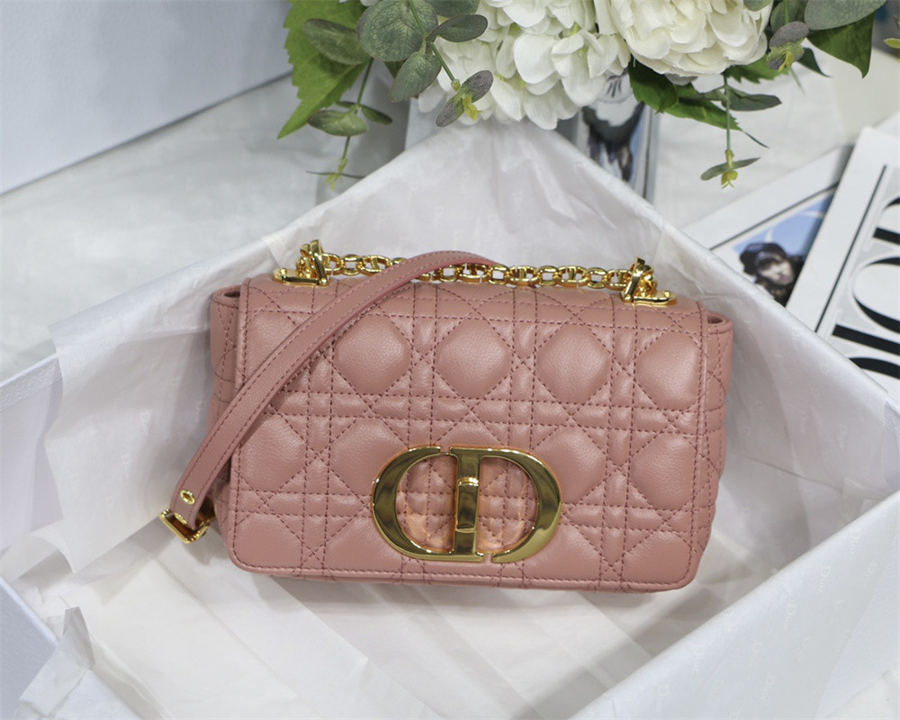 small d*or caro bag pink S*pple cannage calfskin with silver hardware 20 x 12 x 7 cm