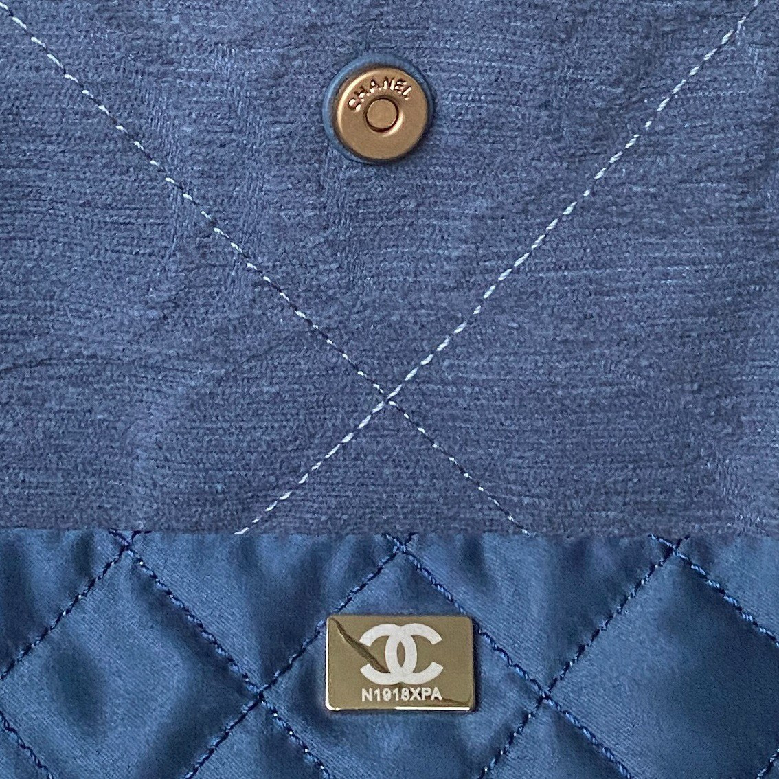 Ch*el 22 handbag velvet blue 15.2×16.4×3.1 in