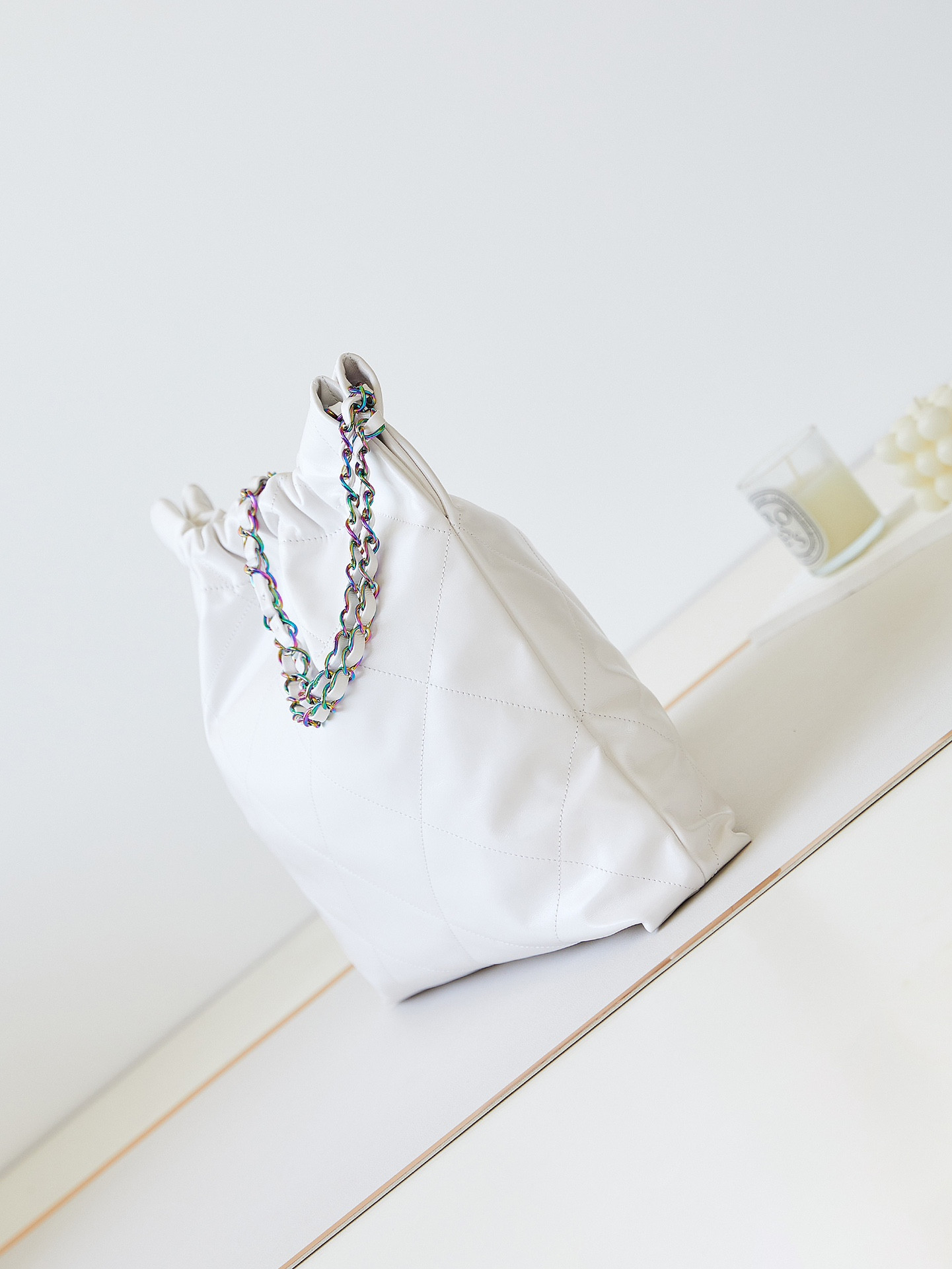 Ch*el 22 small handbag shiny calfskin & rainbow metal white 15.2×16.4×3.1 in