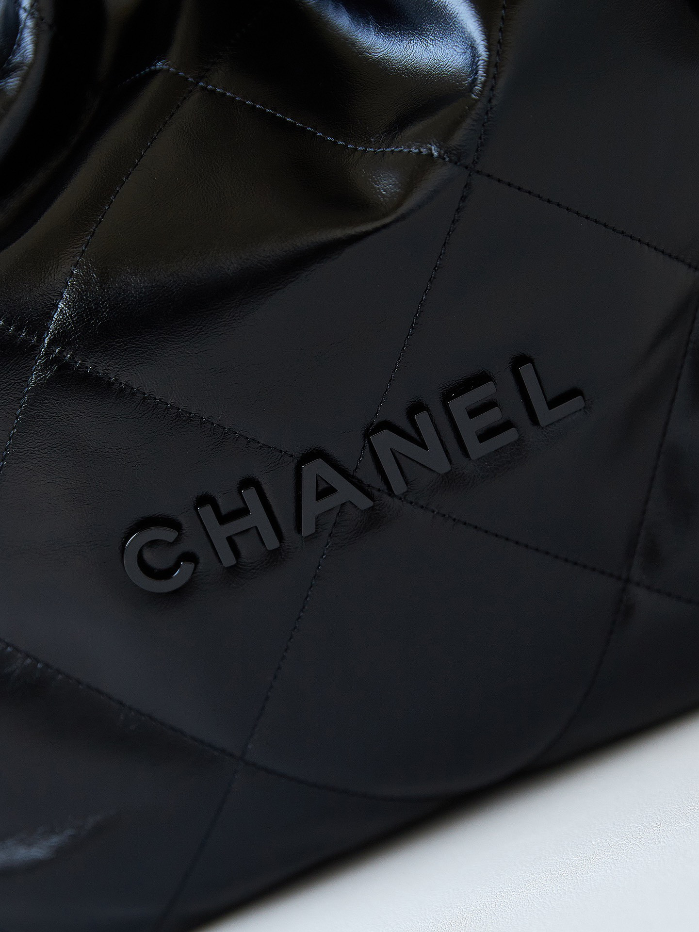 Ch*el 22 handbag shiny calfskin all black 15.2×16.4×3.1 in