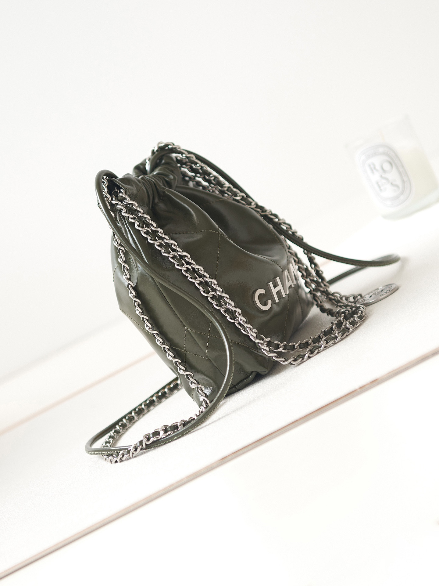 Ch*el 22 mini handbag shiny calfskin & silver-tone metal black 7.8 × 7.4 × 2.3 in