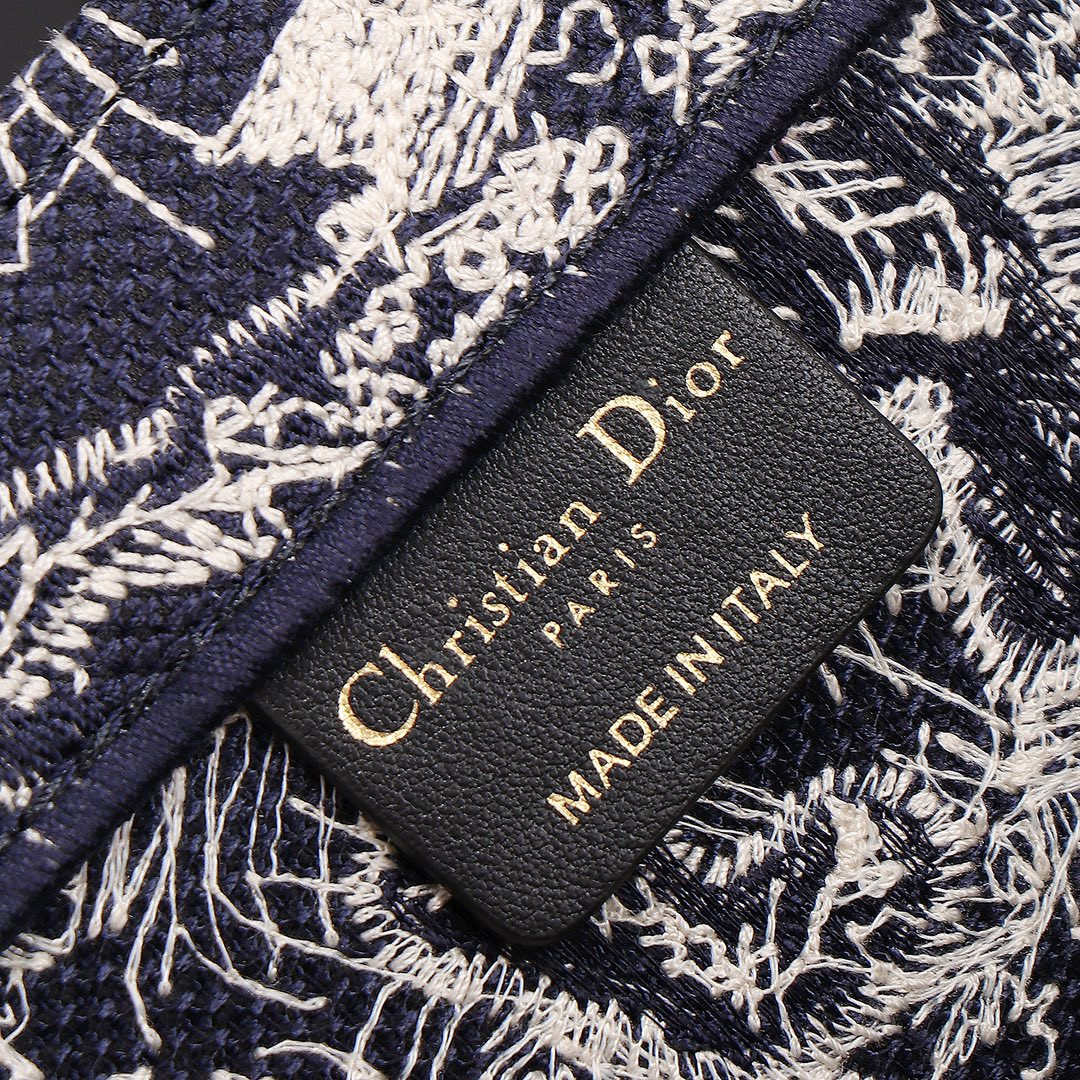 medium D*or book tote blue and ecru toile de jouy reverse embroidery 14 x 11 x 6.5 inches