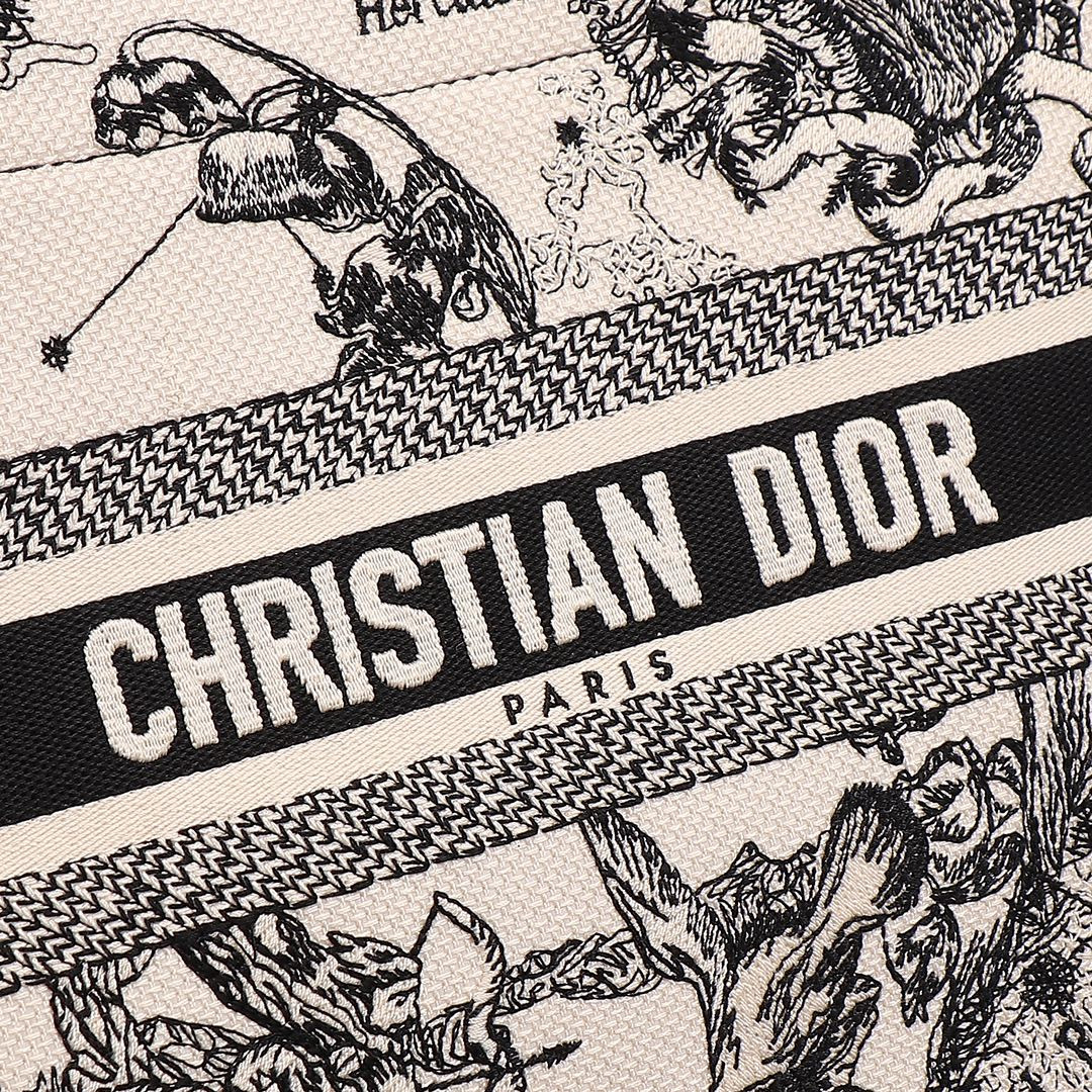 small D*or book tote latte and black toile de jouy zodiac embroidery 10.5 x 8.5 x 5.5 inches