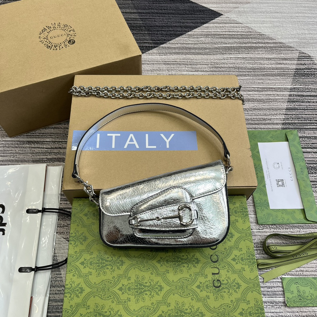 G*u*i horsebit 1955 mini shoulder bag silver 7.7"w x 5-3.1"h x 2.4-1.2"d