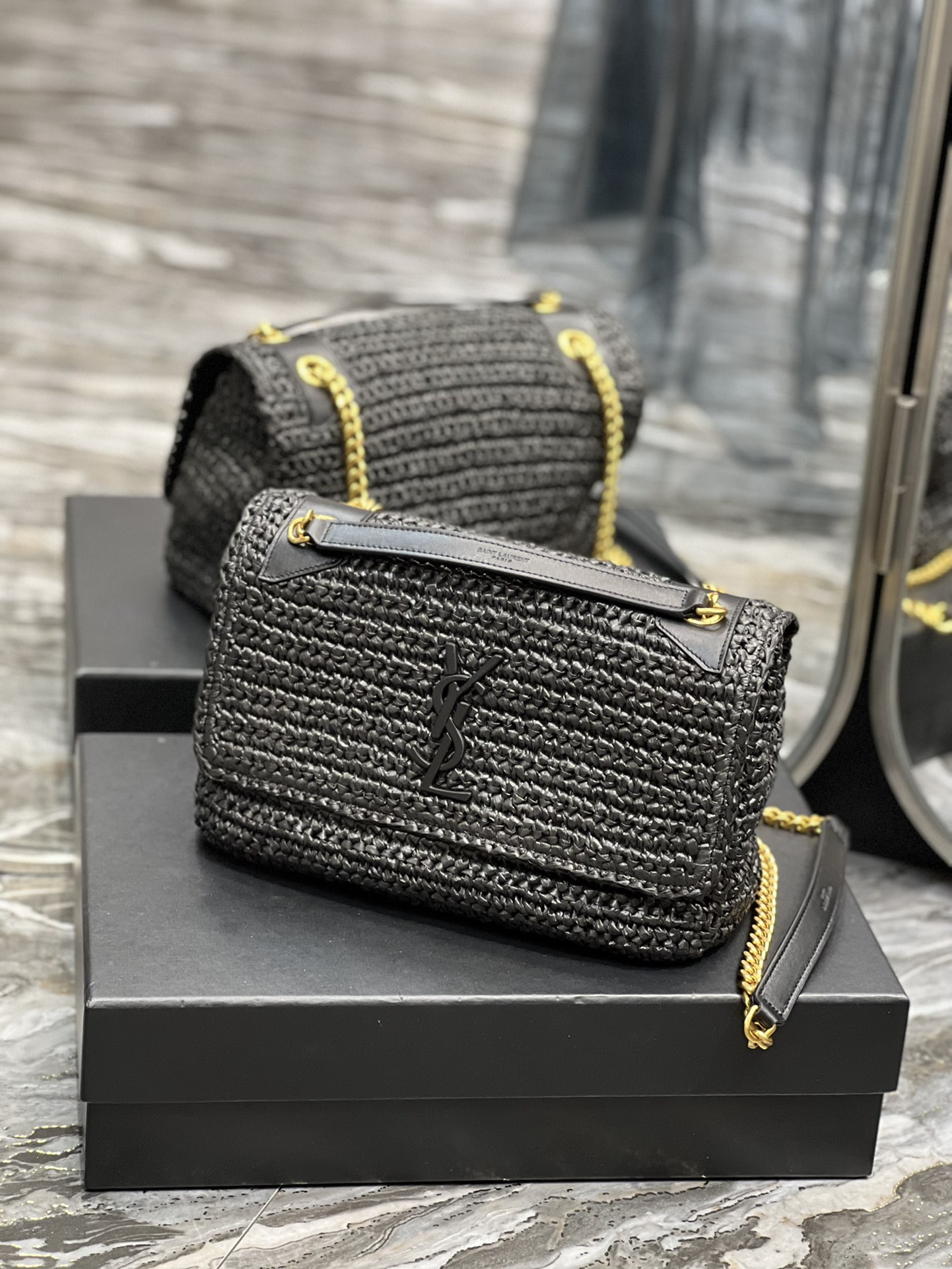 Y*L niki medium chain bag in raffia and leather black 11 x 7.8 x 3.3 inches