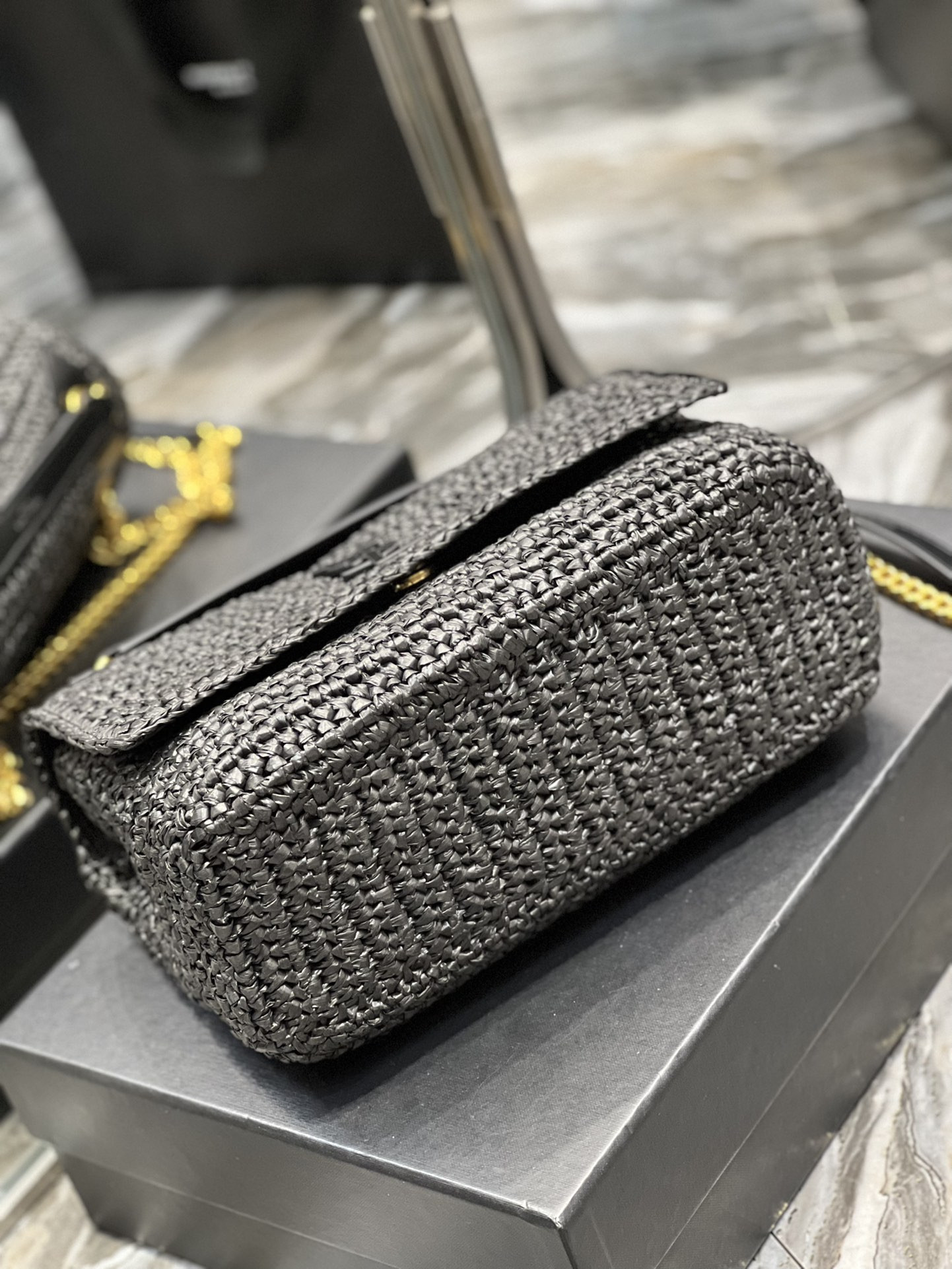 Y*L niki medium chain bag in raffia and leather black 11 x 7.8 x 3.3 inches