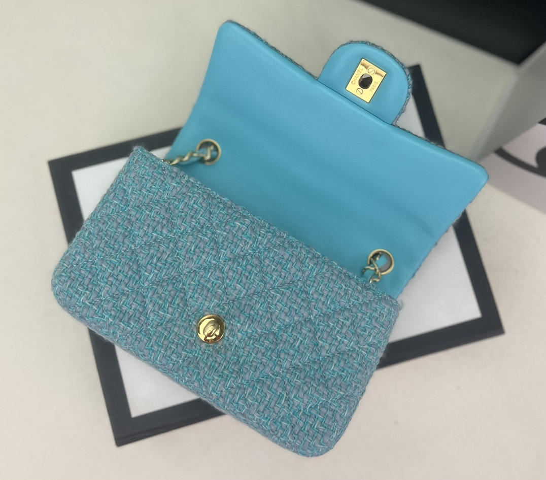 Ch*el mini classic 11.12 handbag tweed & gold-tone metal 4.7 × 7.8 × 2.3 in