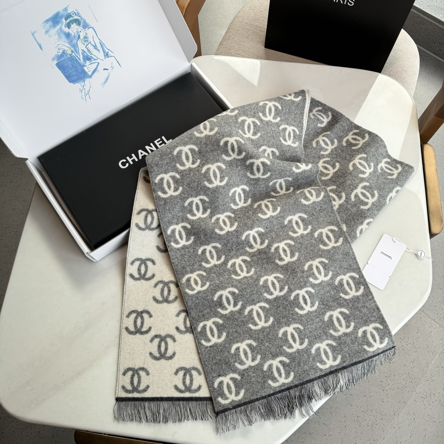 Ch*el scarf 35x180cm 92% wool 8% cashmere
